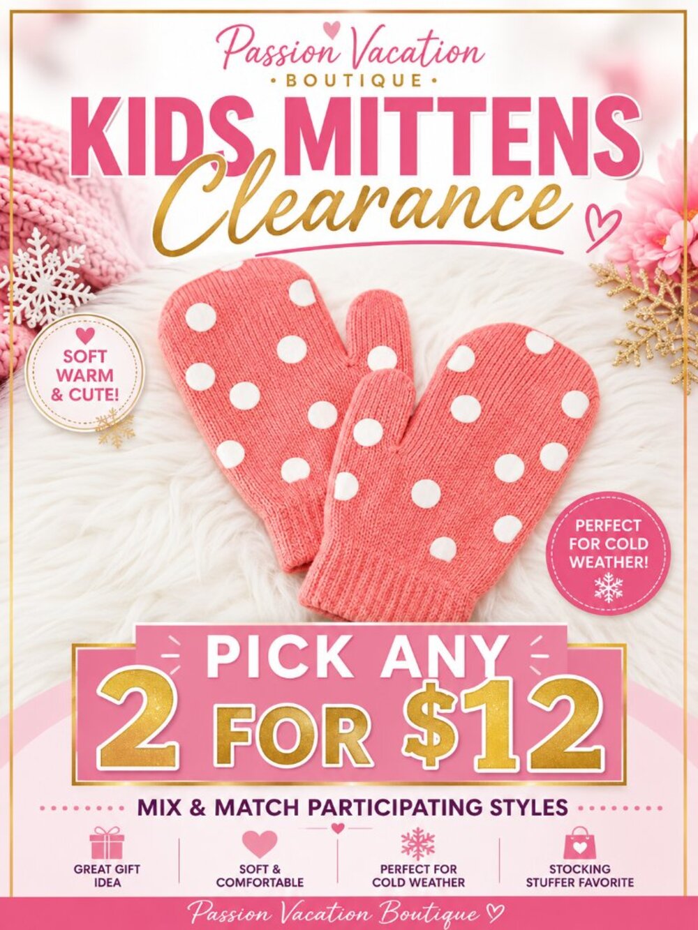 2/$12 Girls Coral Pink & White Striped Knit Mittens | Kids Winter Gloves